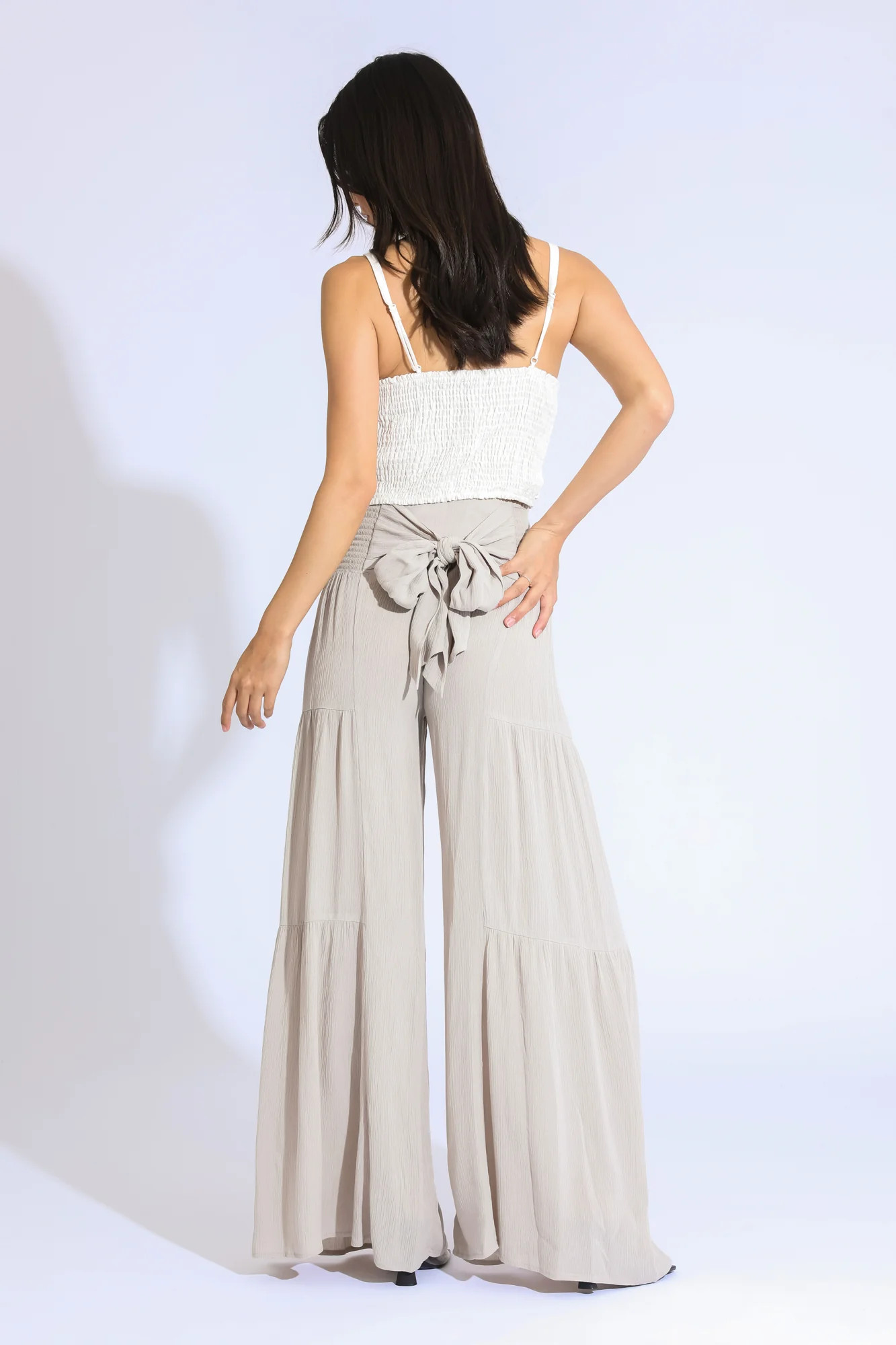 TIE WAIST TIERED WIDE LEG PANT - LIGHT SAND | ReWash