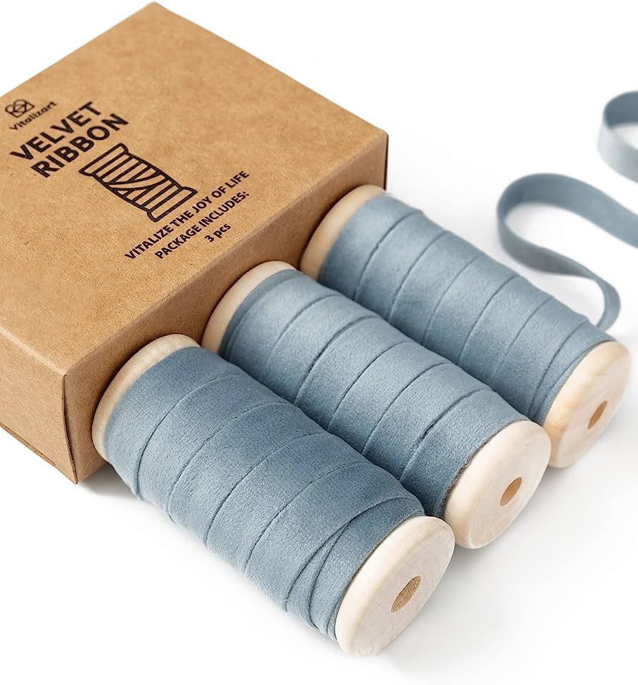 Vitalizart Dusty Blue Velvet Ribbon Set 3/8"" x 15Yd Wooden Spool Fabric Trim Eco-Friendly 3 Roll... | Amazon (US)