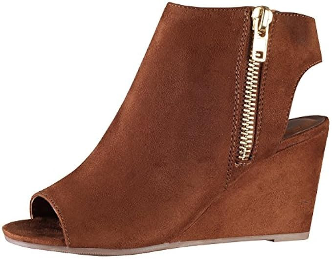 SODA Delicious Women's Hyatte Peep Toe Open Back Zip Wedge Bootie | Amazon (US)