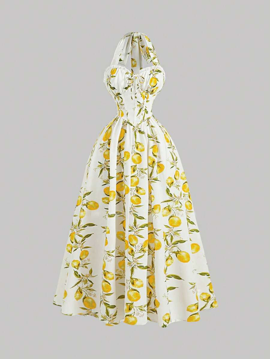 SHEIN MOD Women's Sleeveless Pleated Waist Elegant Midi Halter Dress With Print,TSummer Dresses ,... | SHEIN