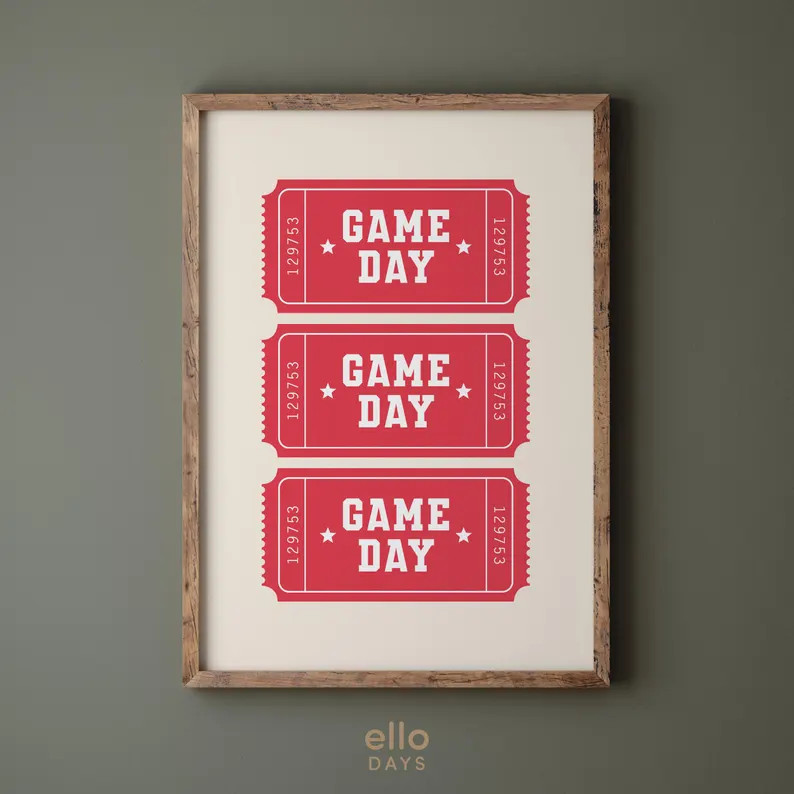 Red Game Day Ticket Sports Wall Art Print, Vintage Ticket Print Wall Decor, Red Football Basketba... | Etsy (US)