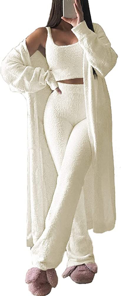 Fixmatti Women's Fuzzy 3 Piece Sweatsuit Open Front Cardigan Crop Tank Tops Wide Legs Pants Lounge S | Amazon (US)