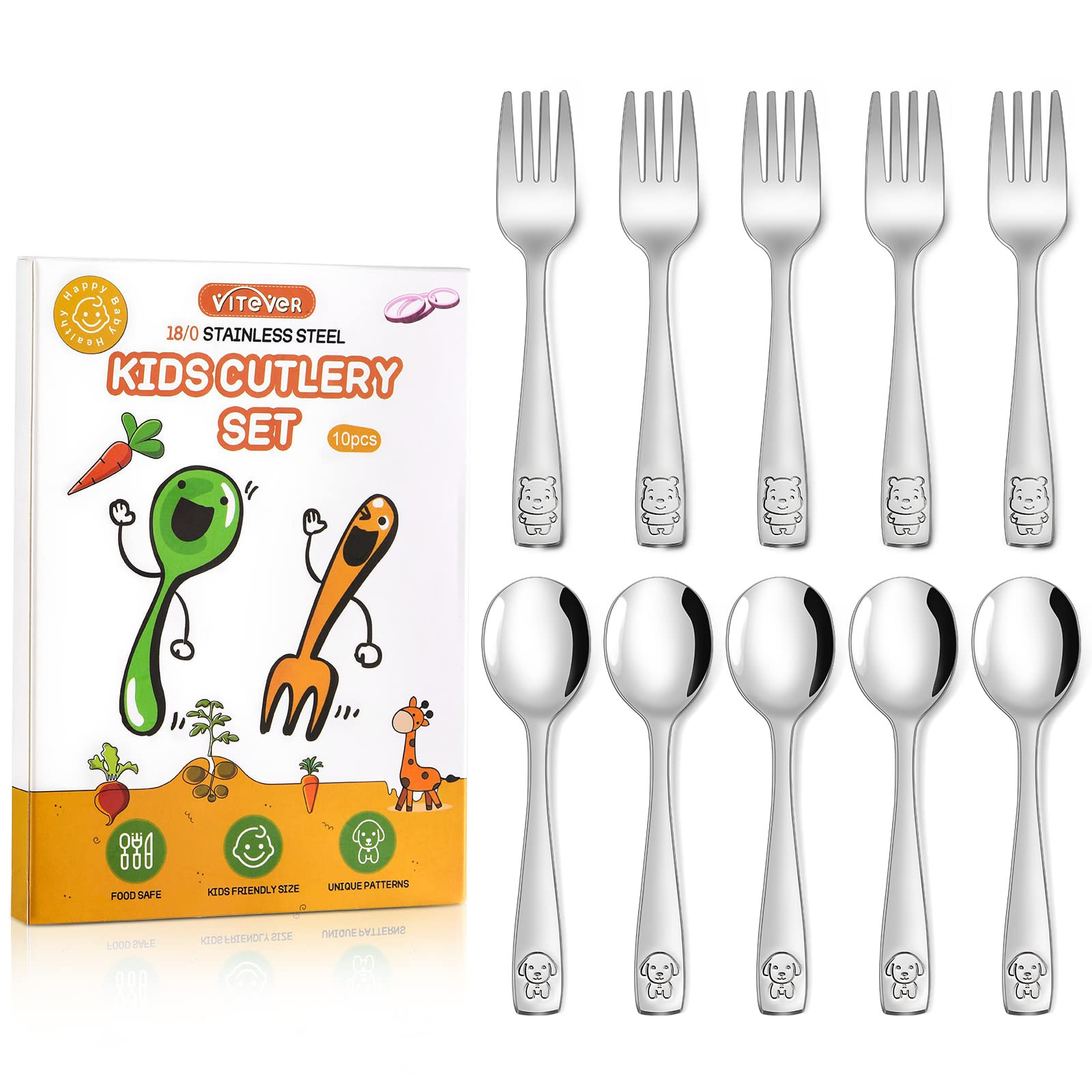 VITEVER 10-Piece Toddler Utensils, Kids Stainless Steel Silverware Set, Children Safe Forks and S... | Amazon (US)