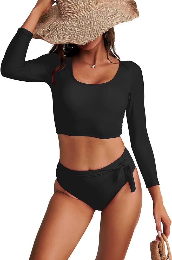 Womens Swimsuits Crop Top High Waisted Bikini Set Rash Guard Bathingsuit Long Sleeve Swimwear | Amazon (US)