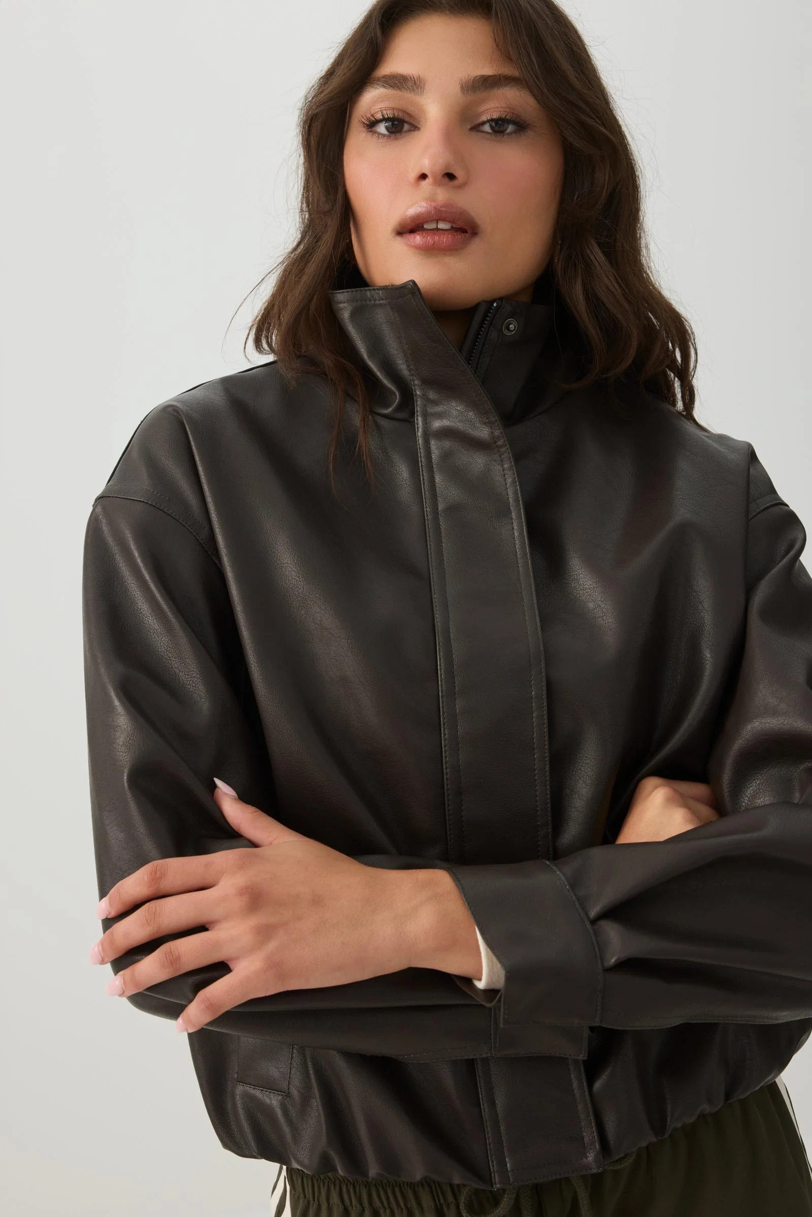 Faux Leather High Collar Jacket Brown | Ardene Canada | Ardene US