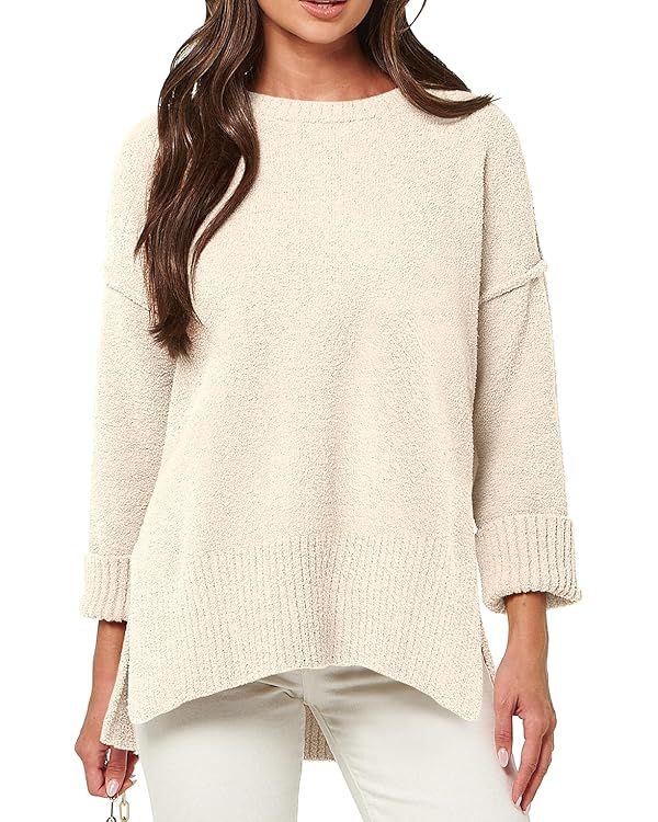 ANRABESS Women's Crewneck Oversized Sweaters Fuzzy Knit Chunky Warm Side Slit Pullover Sweater To... | Amazon (US)