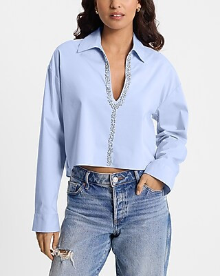 Embellished Collared V-Neck Long Sleeve Cropped Shirt | Express