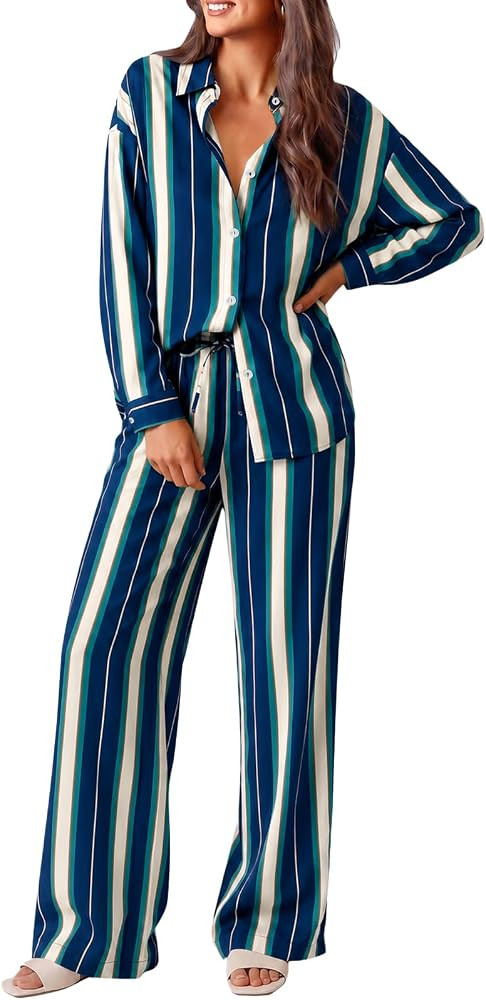 Tankaneo Womens Striped 2 Piece Lounge Sets Casual Long Sleeve Pajama Set | Amazon (US)