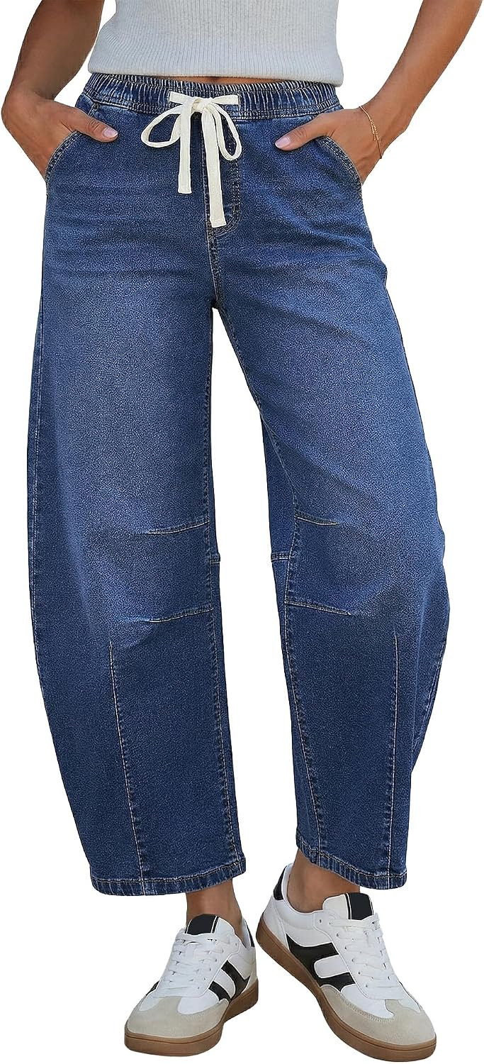 GRAPENT Barrel Jeans Women High Rise Pull On Elastic Waist Crop Denim Pants | Amazon (US)