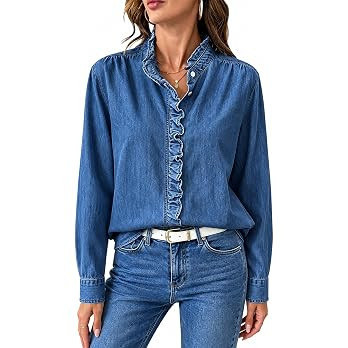 Womens Ruffle Denim Blouse Long Sleeve Button Down Casual Shirt | Amazon (US)