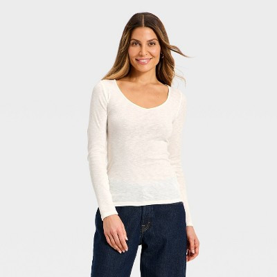 Women's Long Sleeve Ribbed V-Neck T-Shirt - Universal Thread™ Cream L | Target