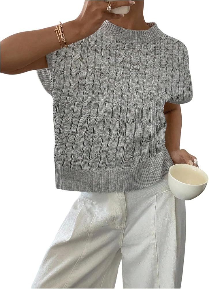 SHENHE Women's Cable Knit Short Sleeve Sweater Casual Crew Neck Loose Knit Pullover Tops | Amazon (US)
