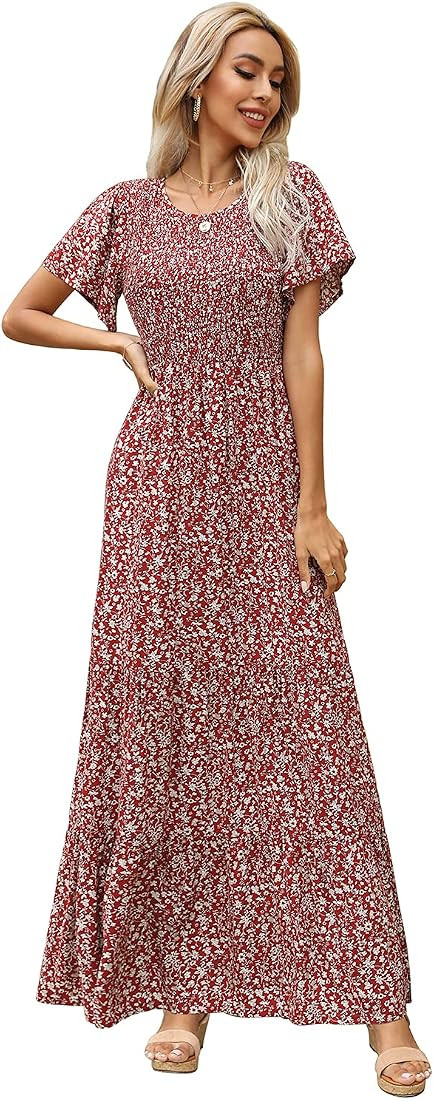 Kranda Women's 2023 Summer Round Neck Short Flutter Sleeve Smocked Ruffle Floral Maxi Dress | Amazon (US)