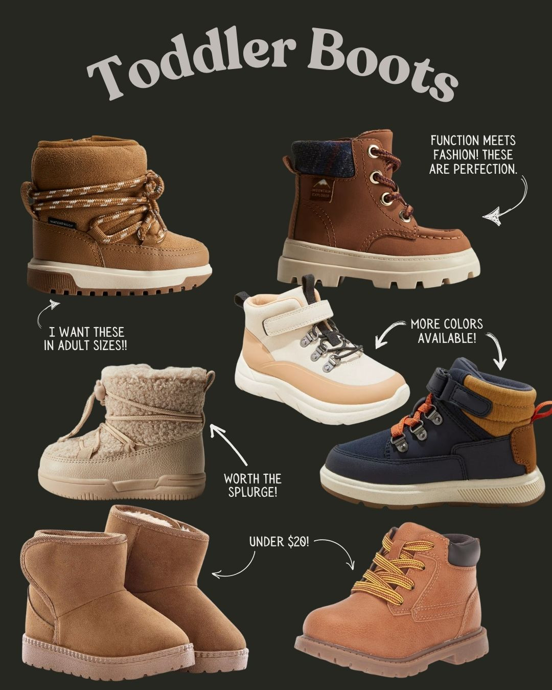 Toddler boots for this fall/winter! Some are perfect for snow with sherpa, and others are little dressier! From under 20$ to splurges from H&M!
 

#LTKFamily #LTKKids #LTKBaby