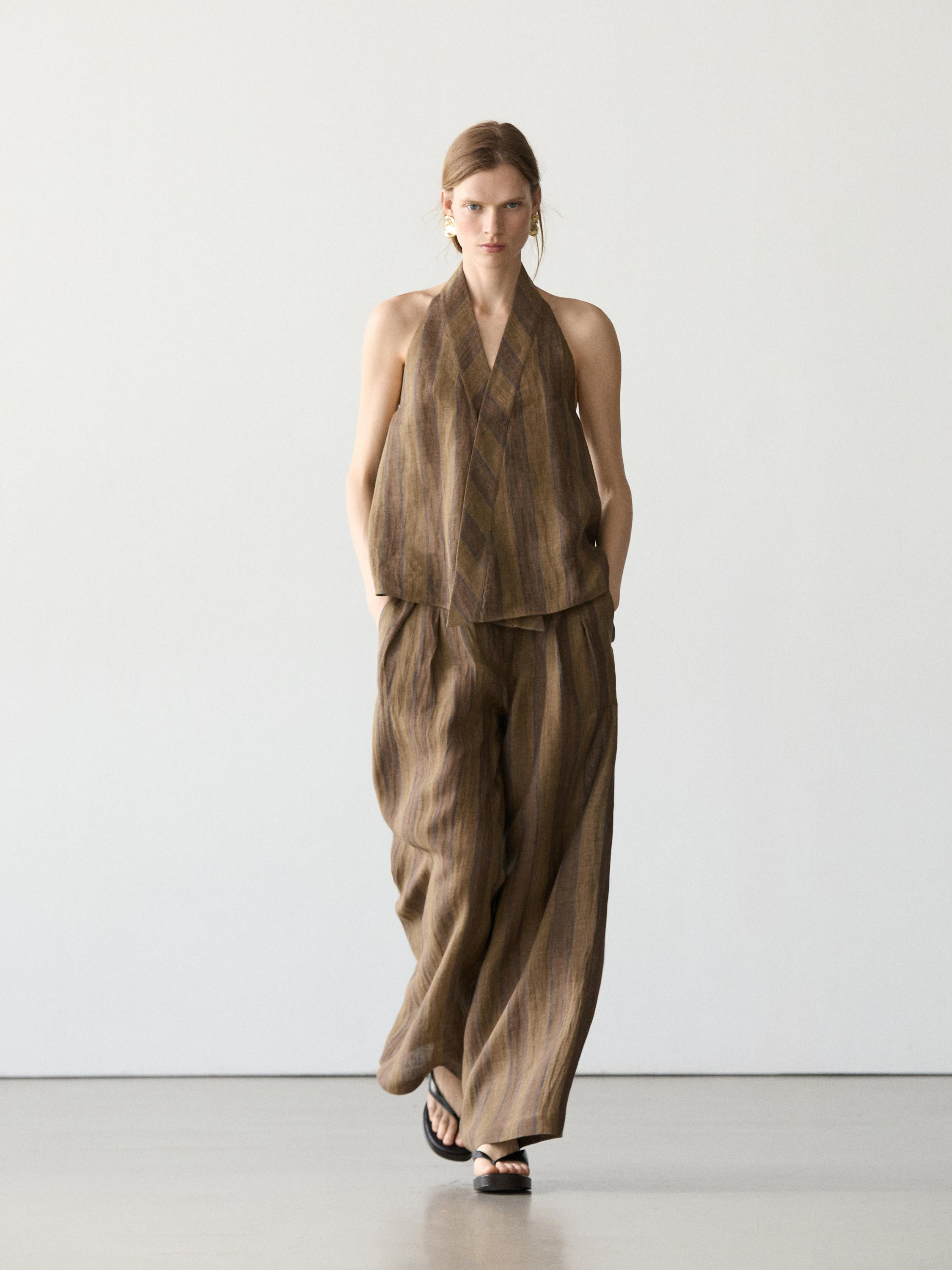 Weite Hose mit Leinenstreifen | Massimo Dutti DE