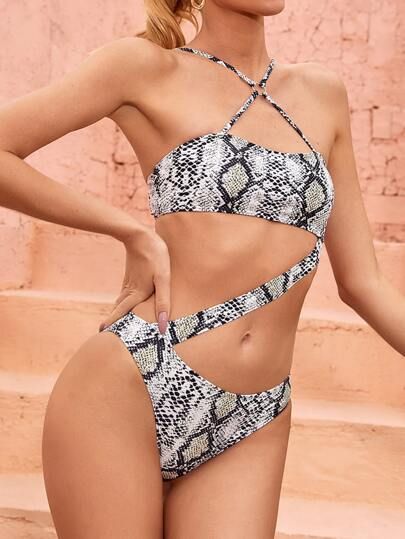 Snakeskin Cut-out One Piece Swimsuit | SHEIN