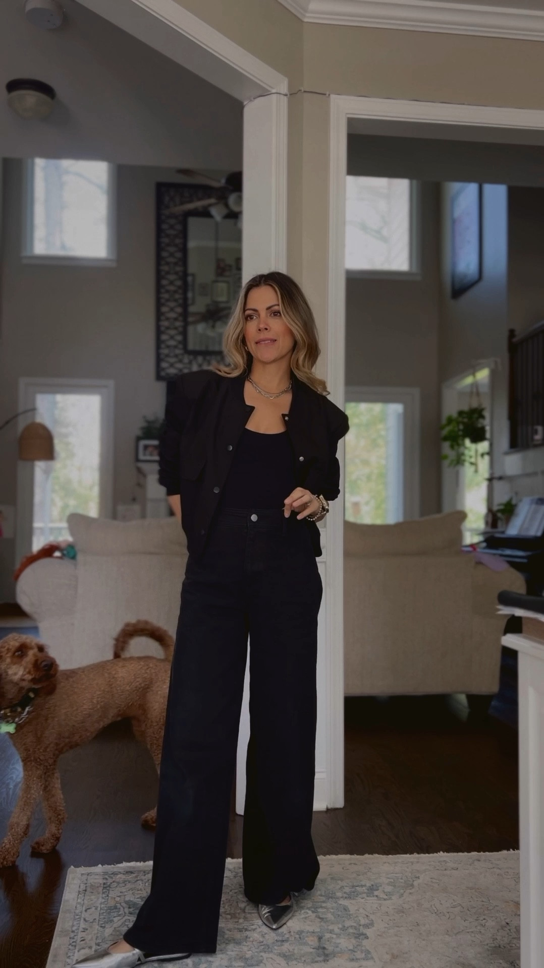 Pop of silver 
All black outfit 
What to wear 
Shoulder pad
Bomber jacket 
Target pants 

#LTKxTarget #LTKover40