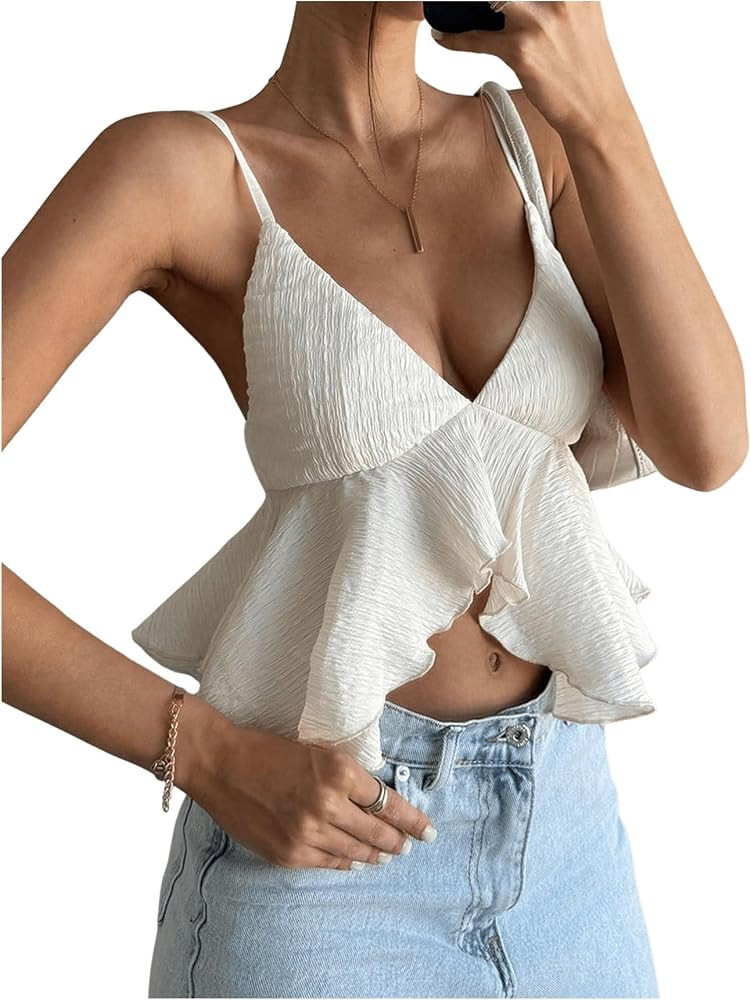 MakeMeChic Women's V Neck Spaghetti Strap Cami Crop Tops Tie Backless Ruffle Going Out Tank Top | Amazon (US)
