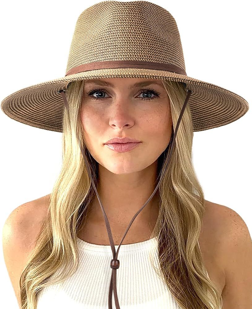 FURTALK Womens Summer Straw Sun Hats Wide Brim Panama Fedora Beach Hat with Wind Lanyard UPF 50+ | Amazon (US)