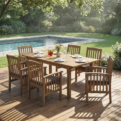 7 Pieces Acacia Wood Outdoor Dining Set, Modern 6 Chairs and 1 Large Table, All-Weather Furniture for Lawn, Backyard, Garden Deck, Poolside | Wayfair North America