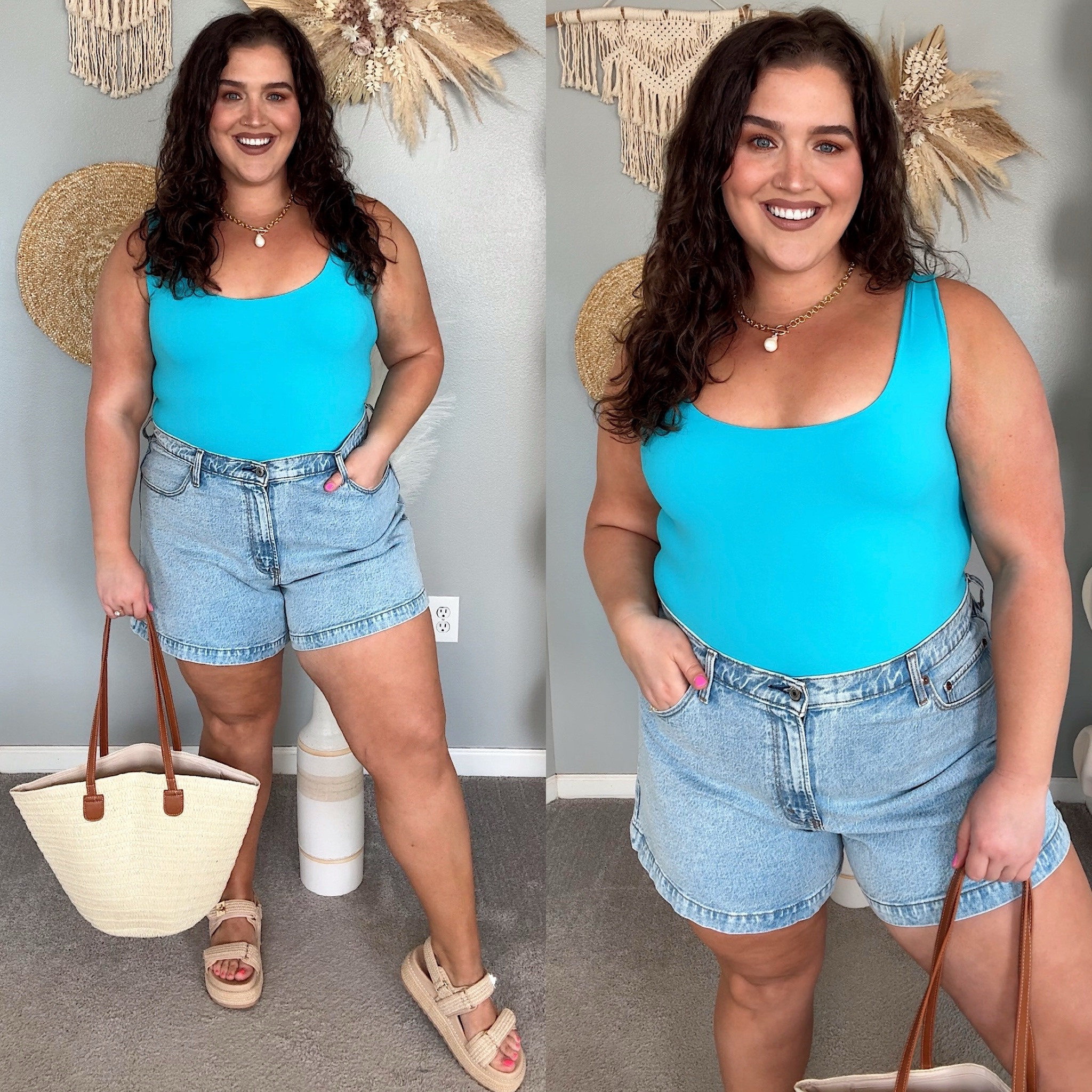 Summer casual OOTD 🩵 Bright blue square neck bodysuit XL, curve love light wash denim shorts 34. 

#LTKPlusSize #LTKSeasonal #LTKMidsize