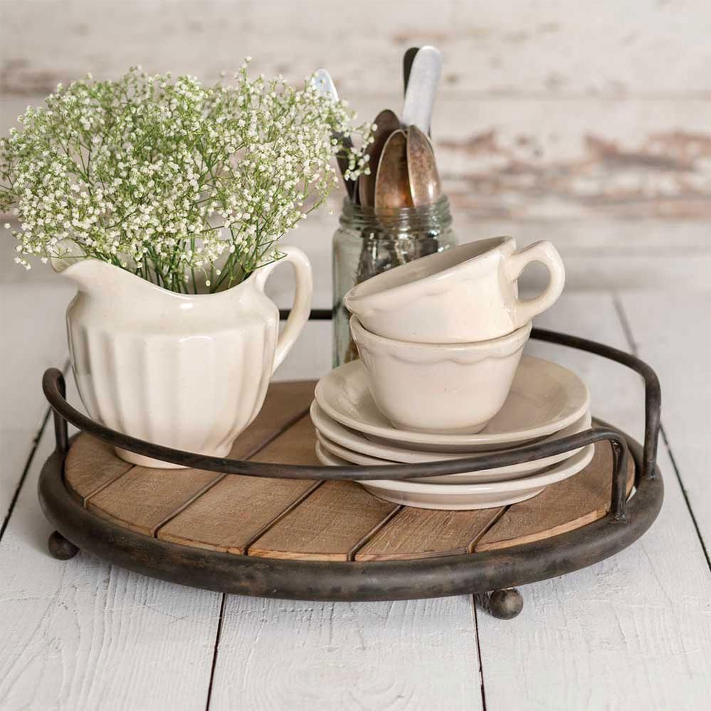 Round Metal Tray with Plank Style Wooden Base, Brown and Black - Walmart.com | Walmart (US)