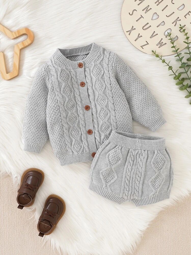 Baby Cable Knit Cardigan & Knit Shorts | SHEIN