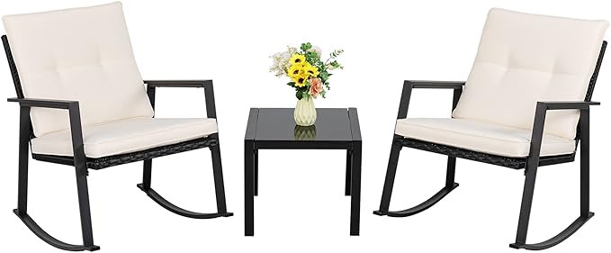 Shintenchi 3 Pieces Rocking Bistro Set Wicker Patio Outdoor Furniture, 2 Rattan Porch Chairs Conv... | Amazon (US)