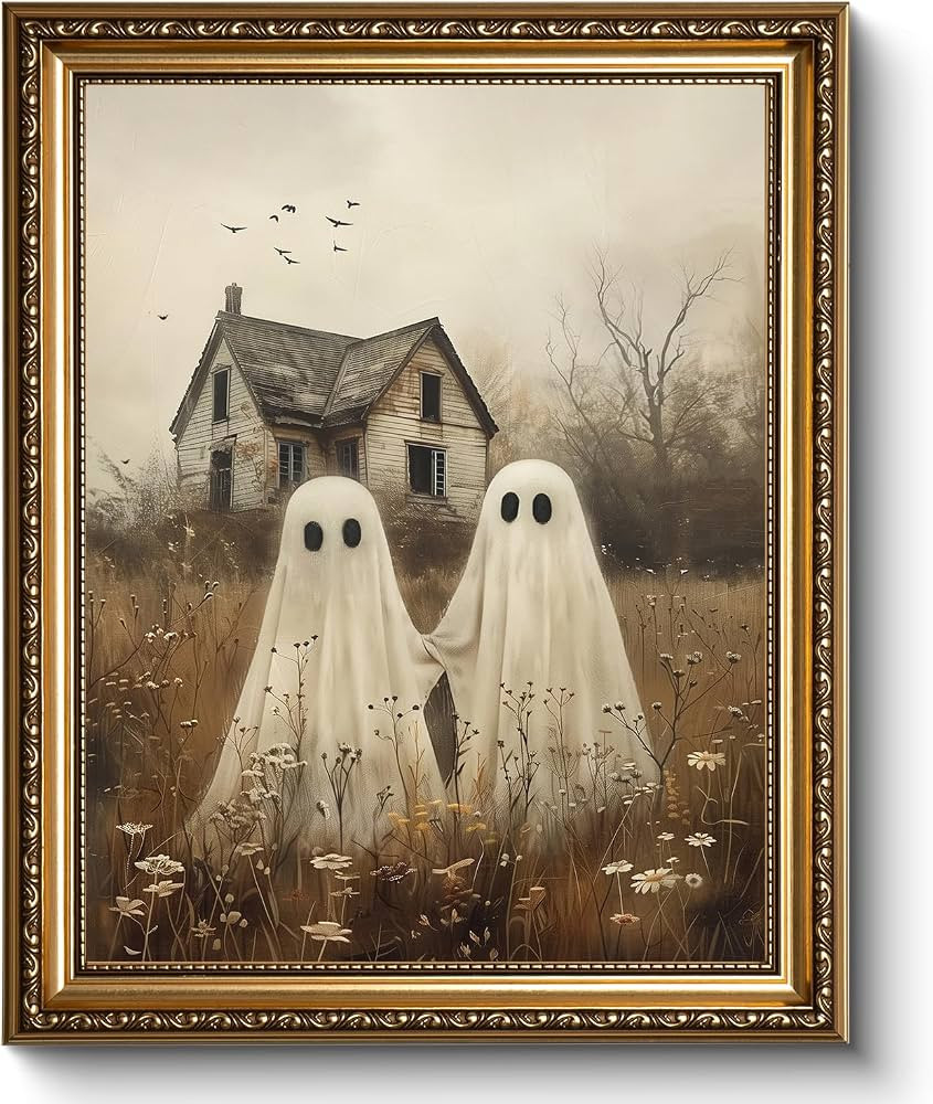 WHASAYART Two Holding Hands Ghost Vintage Gold Framed Canvas Wall Art     Cute Spooky Halloween W... | Amazon (US)