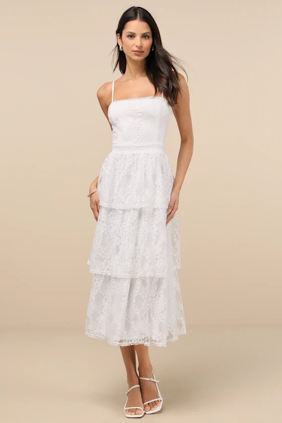 Estrid White Lace Tiered Midi Dress | Lulus