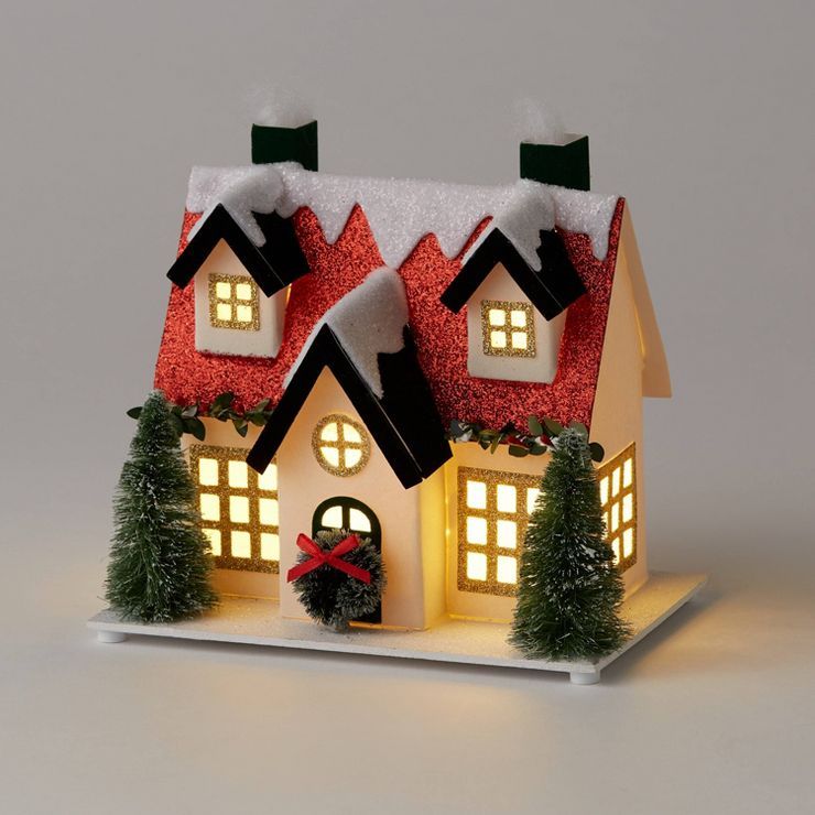 6.5&#34; Battery Operated Decorative Paper House White with Red Roof - Wondershop&#8482; | Target