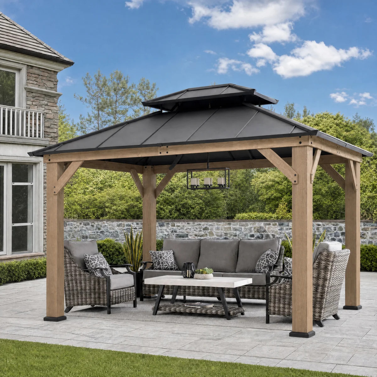 Sunjoy 10 x 12 ft Cedar Wood Gazebo, Outdoor 2-Tier Dark Brown Coated Steel Hardtop for Patio, La... | Wayfair North America