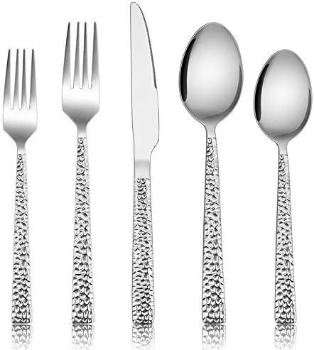 Hammered Silverware Set, E-far 40-Piece Stainless Steel Square Flatware Set for 8, Metal Tablewar... | Amazon (US)
