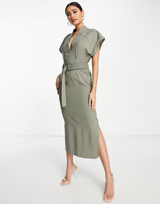 ASOS DESIGN utility pencil midi dress with d-ring belt in khaki | ASOS (Global)