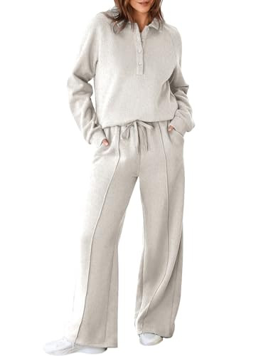 Aleumdr Women's 2 Piece Outfits Sweatsuit Oversized Sweatshirt Wide Leg Sweatpants Matching Lounge Set Loose Fit Light Grey Large | Amazon (US)
