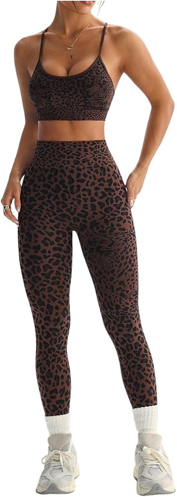 SHENHE Women's 2 Piece Leopard Workout Set Seamless Cross Back Sports Bra and Leggings Yoga Outfi... | Amazon (US)