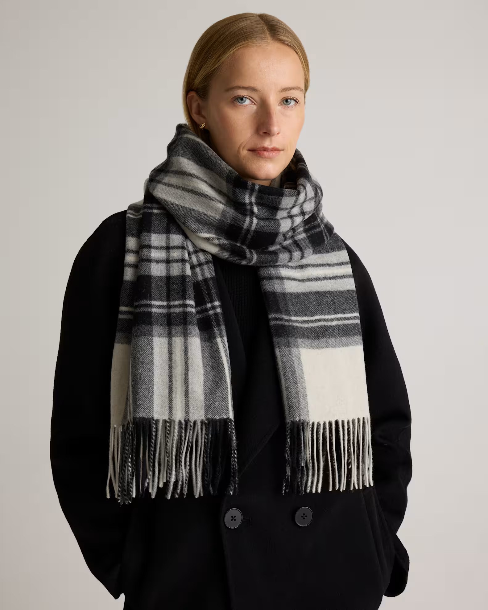 Mongolian Cashmere Tartan Scarf in Black/White Tartan | Quince