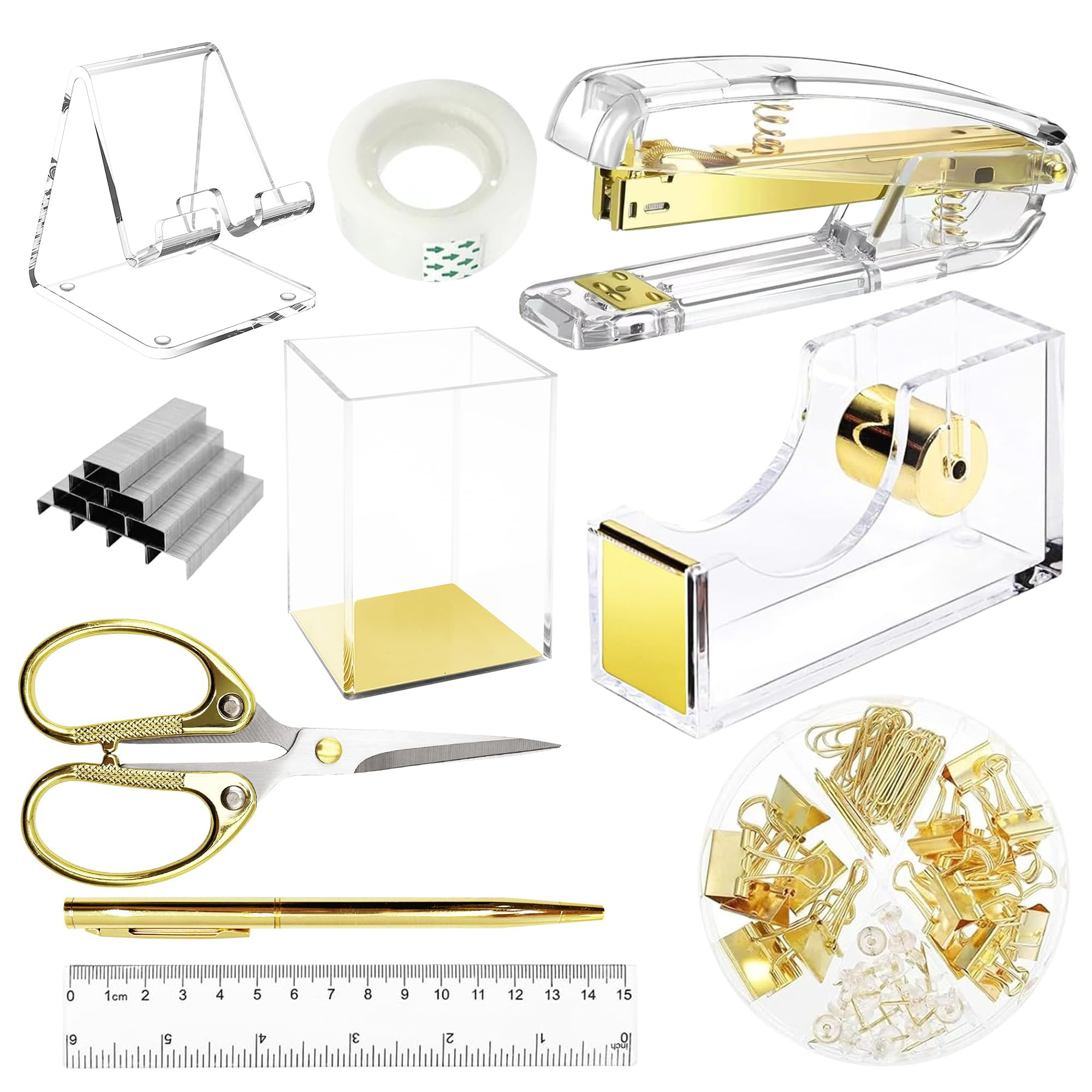 DRQ Gold Desk Organizers and Accessories Office Supplies, 10Pcs Set for Office with Stapler, Tape... | Amazon (US)