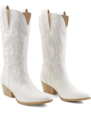 Zzheels Women Mid-calf Cowboy Boots Pointy Toe Boots Embroidered Western Cowgirl Boots Chunky Hee... | Amazon (US)