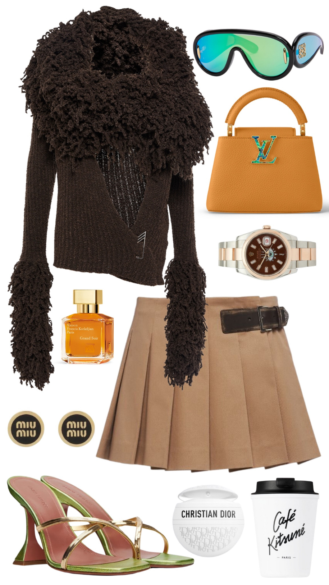 the attico top 
prada skirt 
amina muaddi sandals 
louis vuitton cappuccine bag 
loewe sunglasses 
rolex watch 
miu miu earrings 
MFK grand soir perfume 
cafe kitsuné coffee mug 
dior the balm cream 

#LTKstyletip #LTKFind #LTKitbag