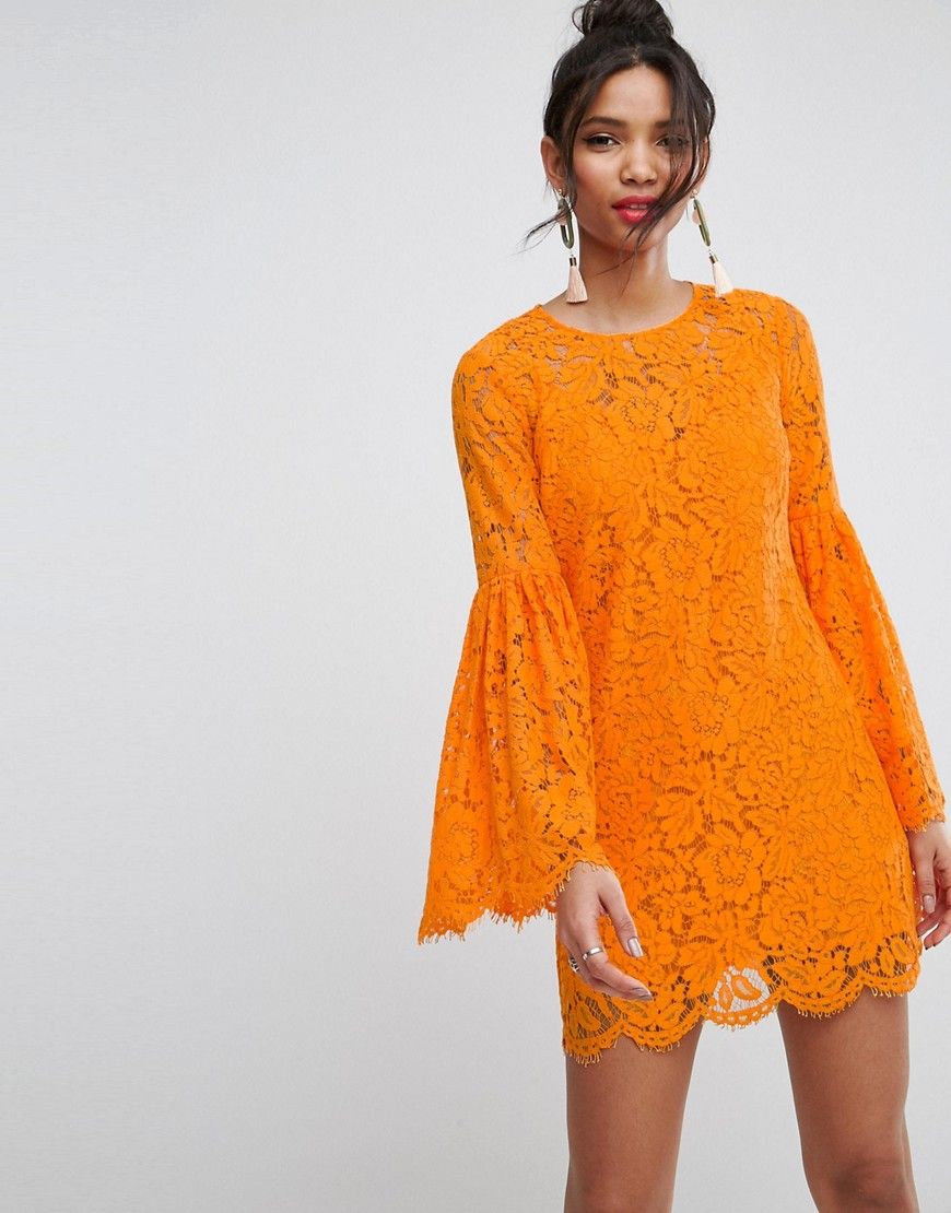 ASOS Lace Trumpet Sleeve Mini Dress - Orange | ASOS US