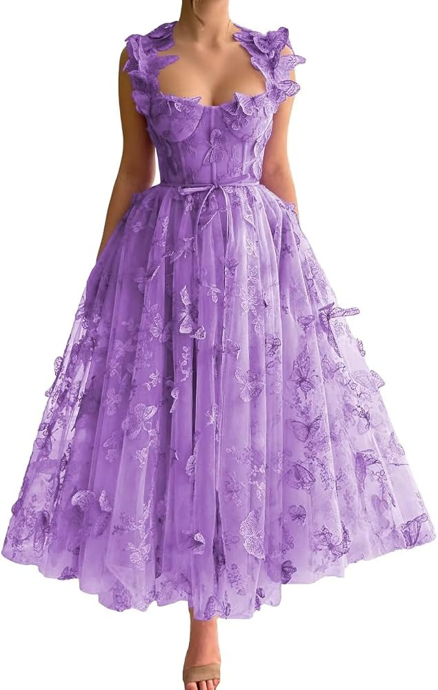 Women's Tulle Prom Dresses 3D Butterflies Spaghetti Straps Evening Party Gowns Sweetheart Tea Len... | Amazon (US)