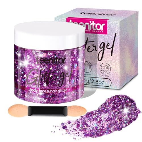 Teenitor Body Glitter, Face Glitter, Hair Glitter Gel, 80g/2.8oz Makeup Rave Purple Glitter Gel for Face and Body | Amazon (US)