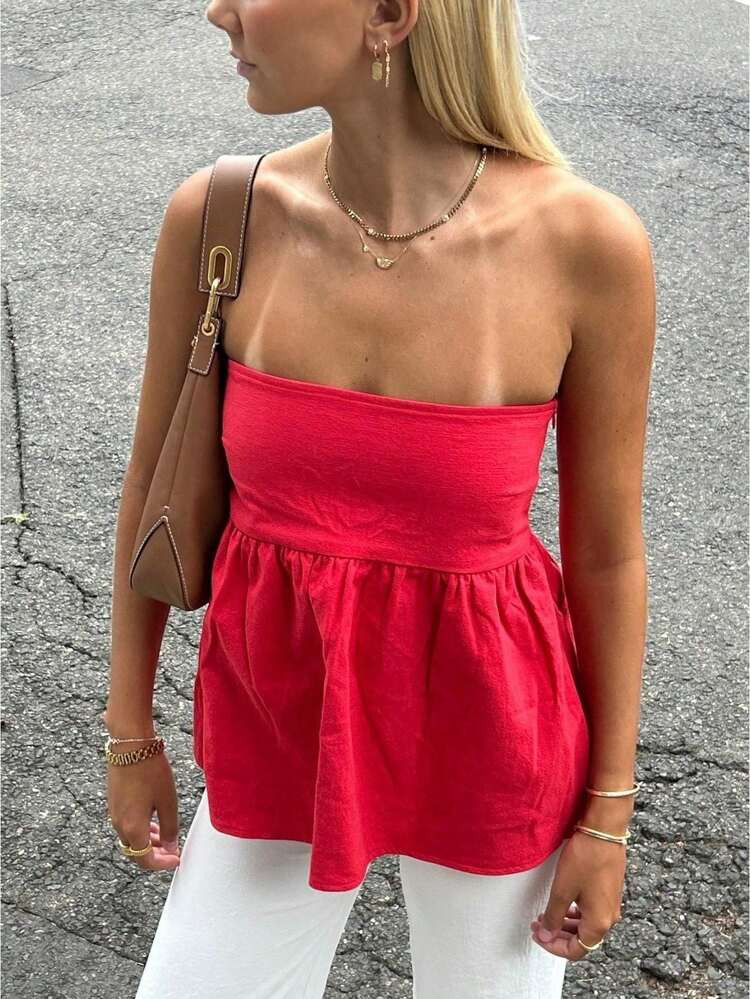 Women Sexy Strapless Ruffle Hem Tube Top Summer Solid Sleeveless Backless Tube Top Pleated Peplum Flowy Bandeau Top | SHEIN