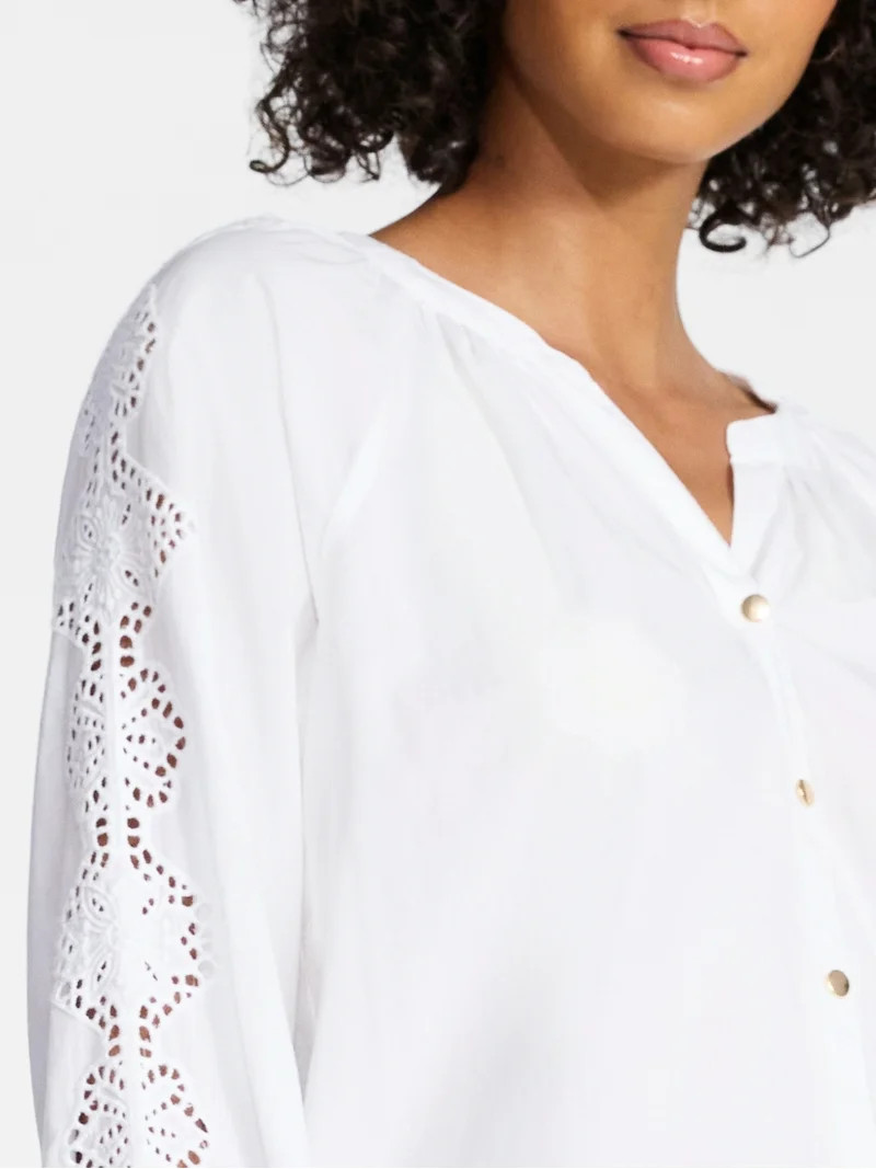 Time and Tru Women's Eyelet Blouse with Long Sleeves, Sizes XS-XXXL | Walmart (US)