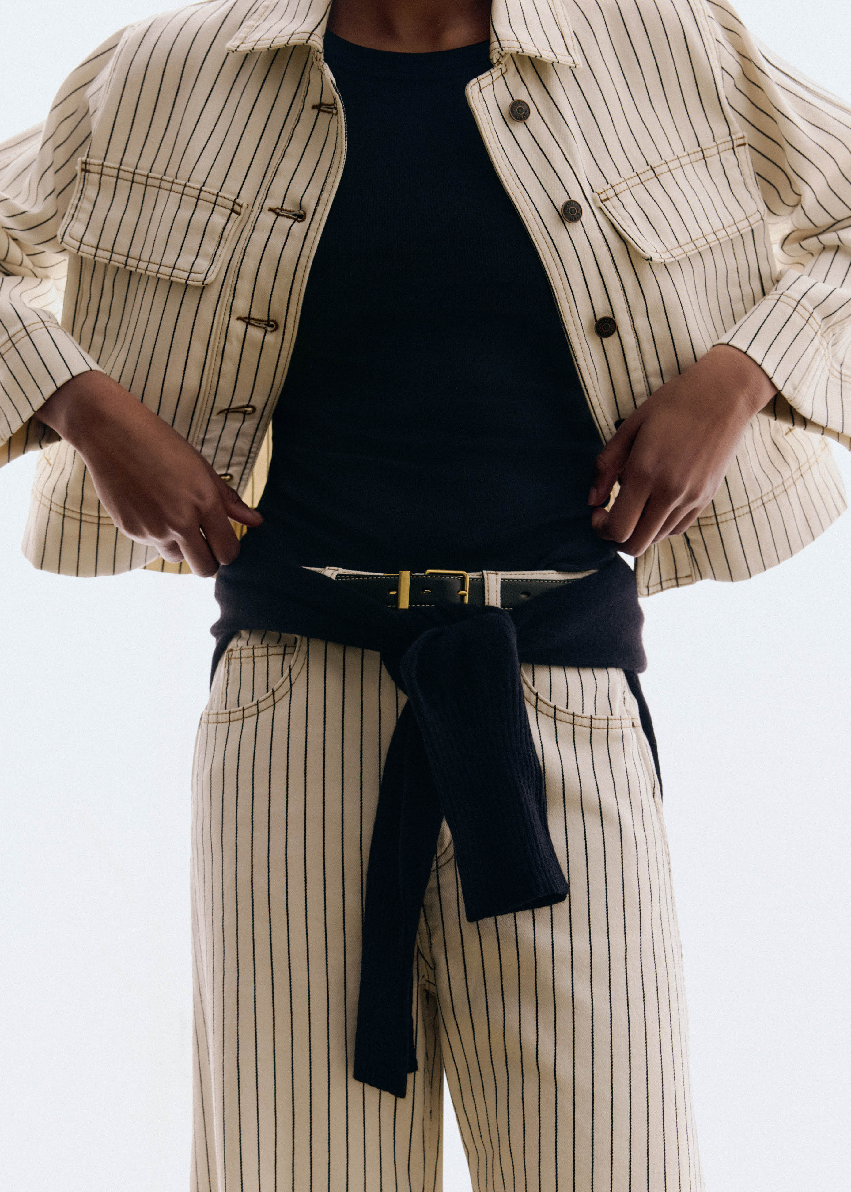 Women's Ecru Pinstripe Swing Jacket + Extreme Tapered Jean Co-ord | ME+EM | ME+EM Global (Excluding US)