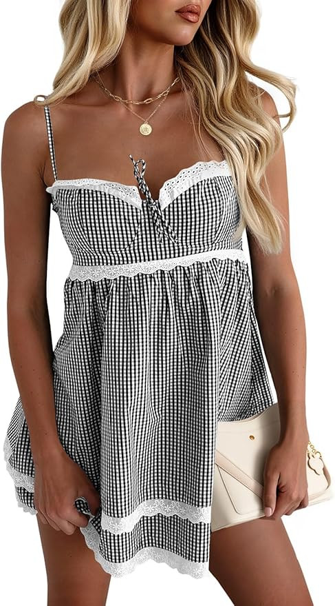 Wenrine Womens Summer Mini Dress Spaghetti Strap Sweetheart Y2K Plaid Lace Trim Tiered Beach Sund... | Amazon (US)