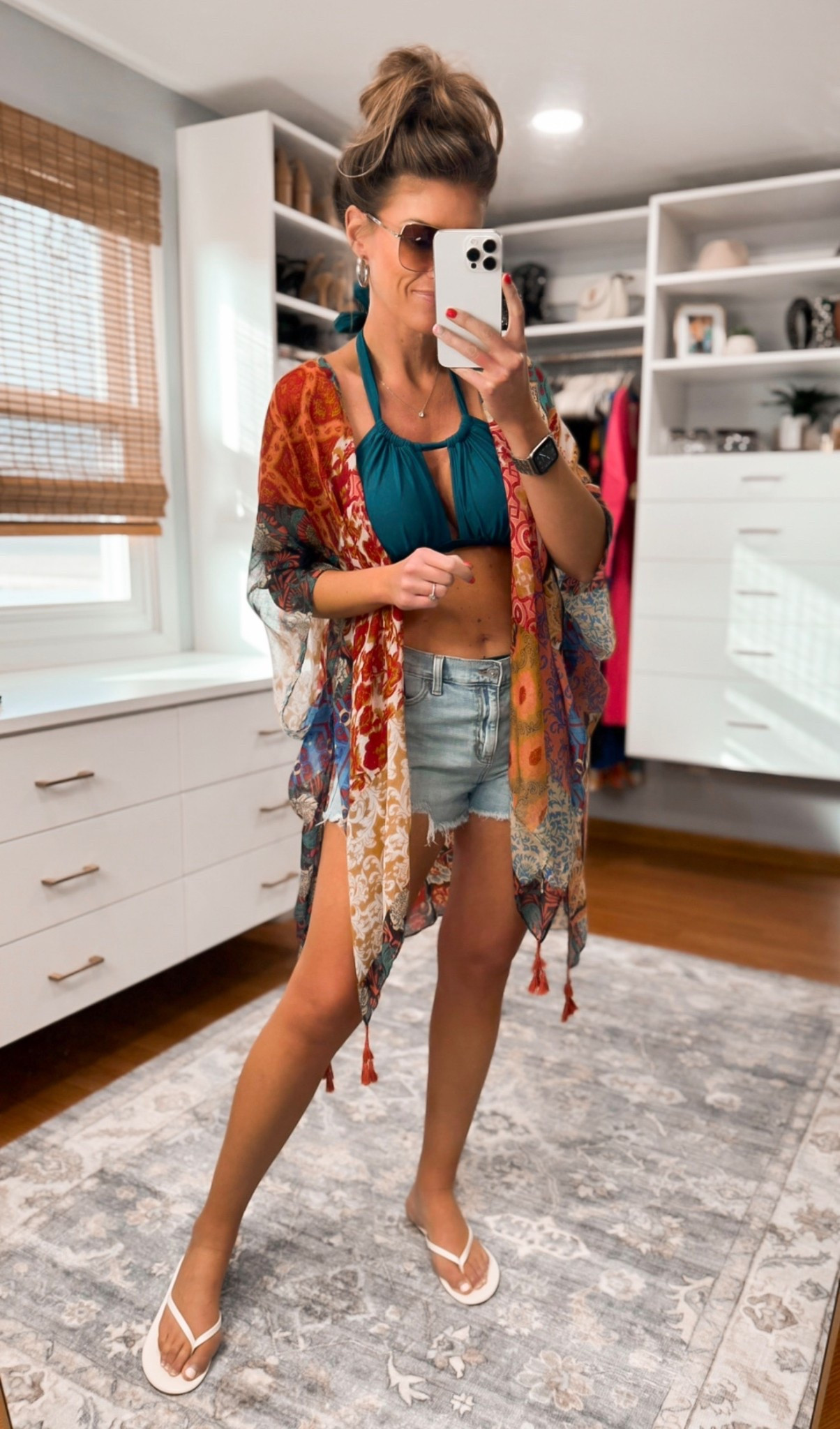 Swimwear look. Kimono + swimsuit both from Amazon. Shorts are Aerie. The most comfortable denim shorts I’ve ever owned. Elastic in the back 👏
Wearing medium in suit and shorts 

#LTKSwim #LTKSeasonal #LTKOver40