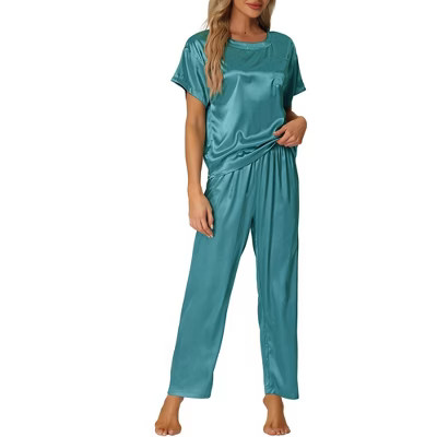 cheibear Women's Satin Summer Short Sleeves Sleepshirt with Pants Lounge Pajamas Sets Peacock Green Large | Target