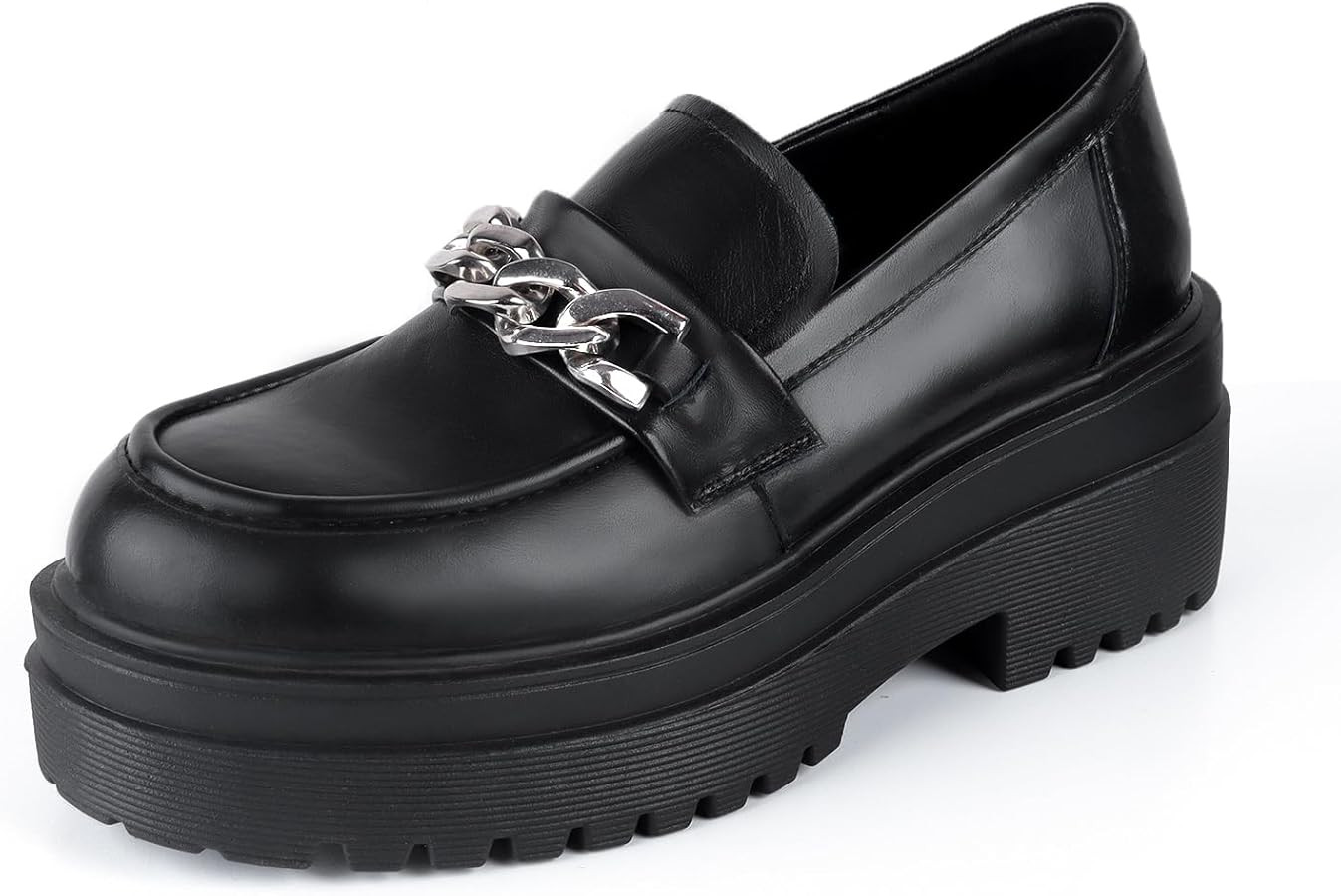 ADAMUM Women's Lug Sole Platform Mid Chunky Loafers - Classic Round Toe Slip On Office Chain Leat... | Amazon (US)
